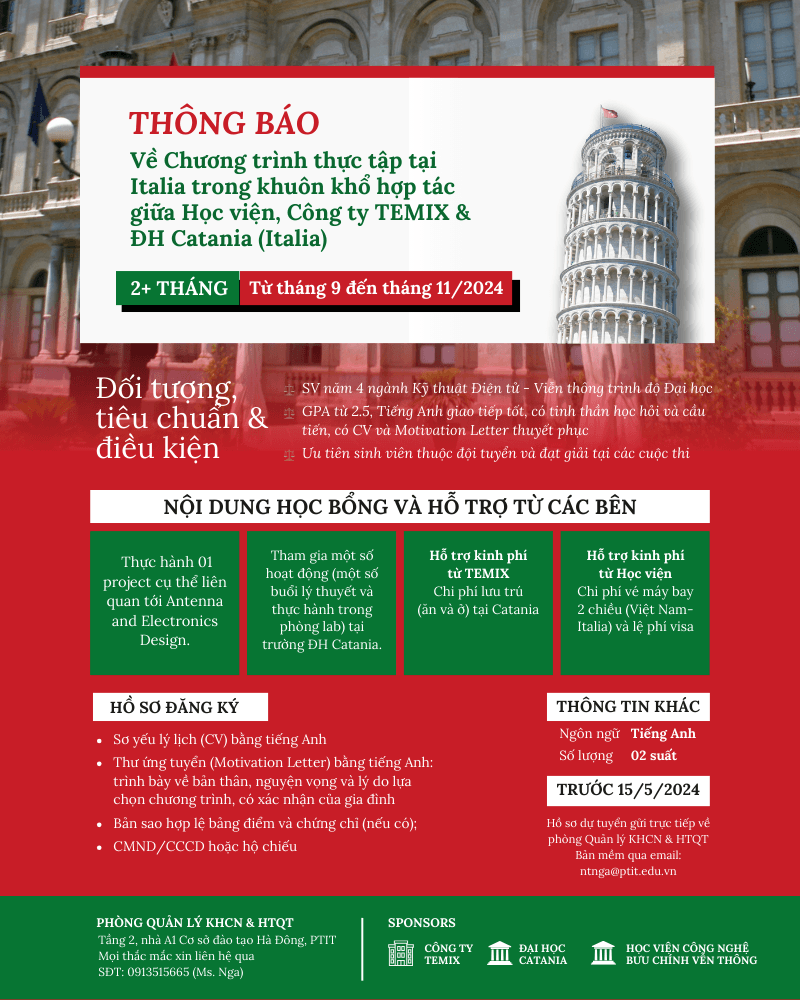 Chương trình thực tập tại Italia trong khuôn khổ hợp tác giữa Học viện, Công ty TEMIX và ĐH Catania (Italia)