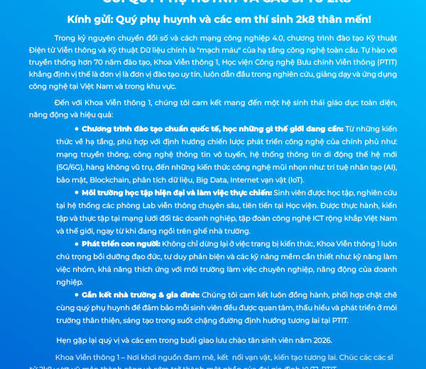Thông điệp của lãnh đạo Khoa Viễn thông 1 gửi phụ huynh và các sĩ tử 2k8