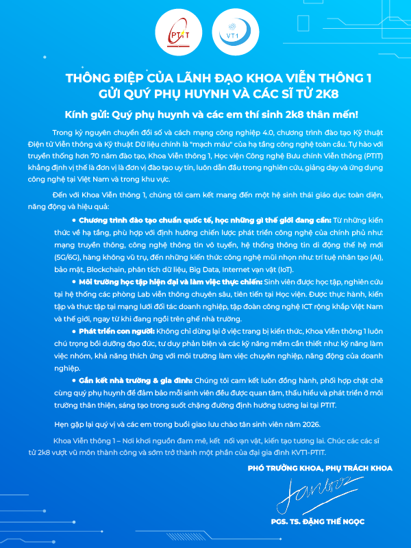 Thông điệp của lãnh đạo Khoa Viễn thông 1 gửi phụ huynh và các sĩ tử 2k8