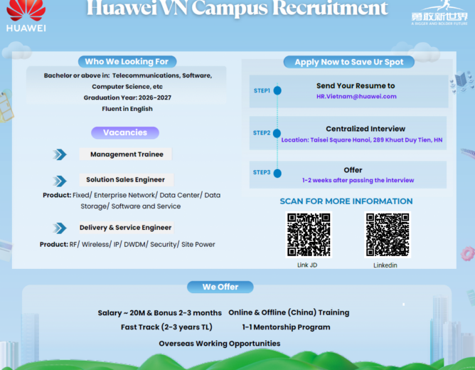 Cơ hội thực tập và làm việc tại Huawei Việt Nam cho sinh viên viễn thông và CNTT (2026 – 2027)