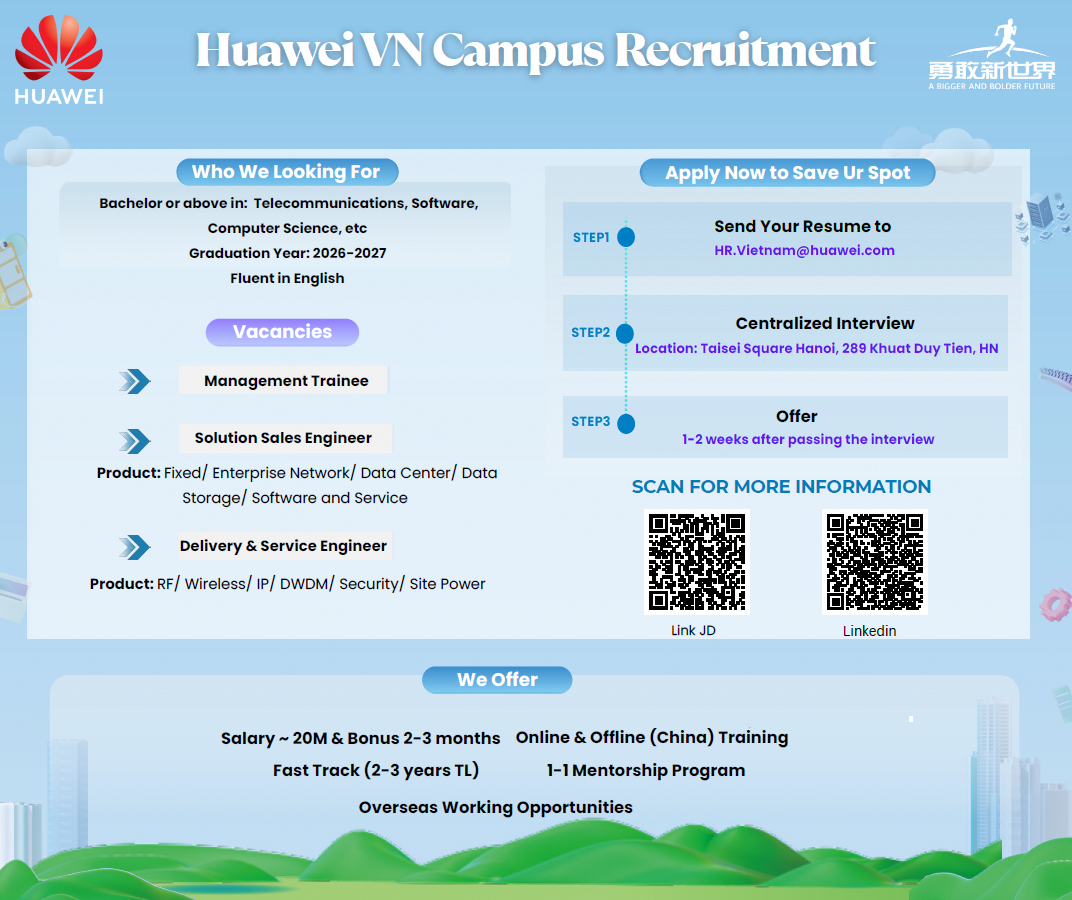 Cơ hội thực tập và làm việc tại Huawei Việt Nam cho sinh viên viễn thông và CNTT (2026 – 2027)
